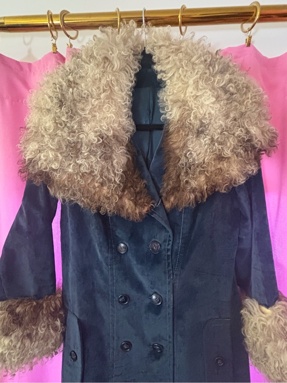 Women's Blue Velvet Double-Breasted Coat with Mongolian Sheep Fur Trim